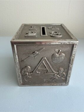 Vintage Raimond Silver Plated ABC Block Coin Bank With Oval Sticker Japan